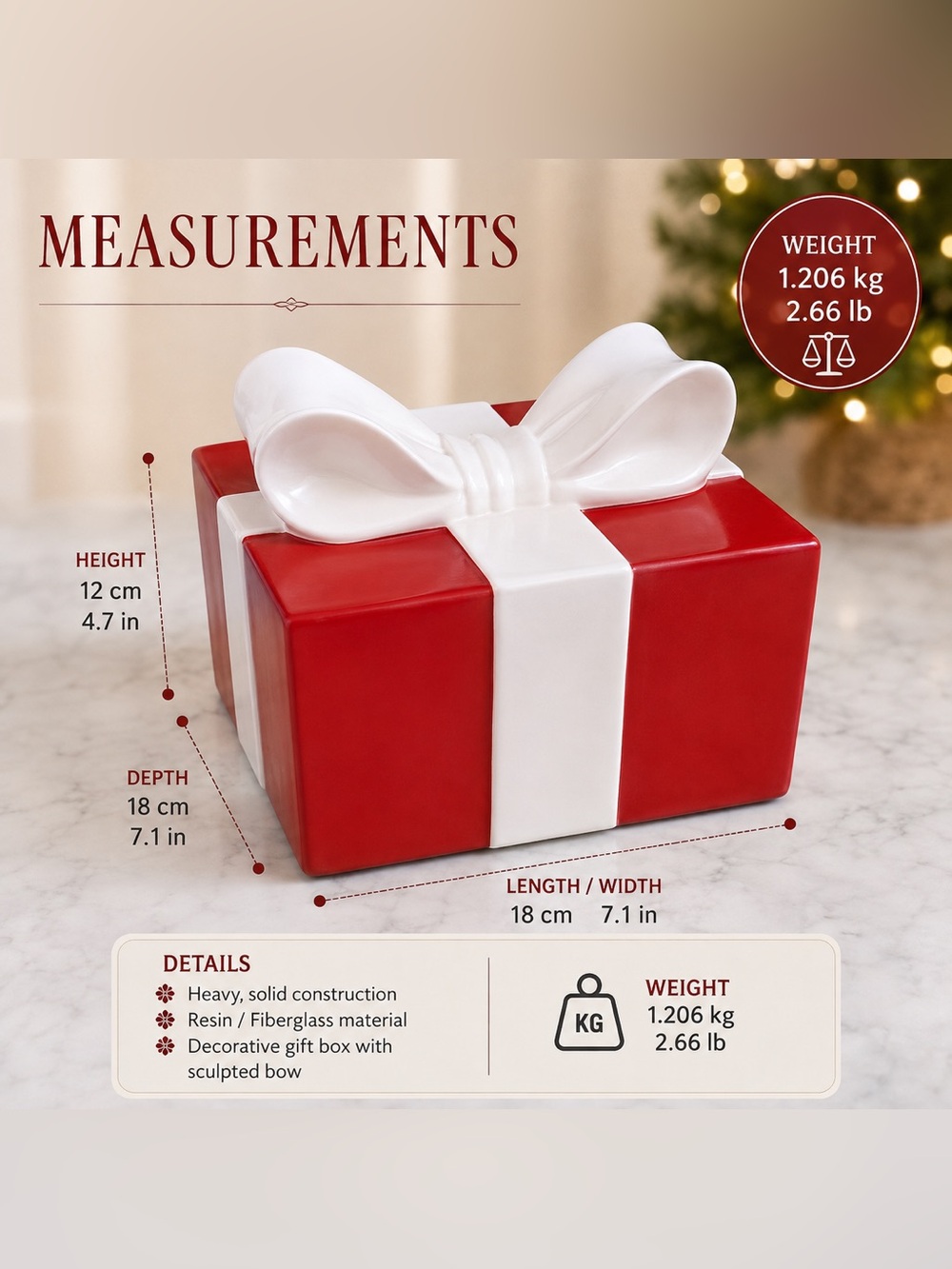 Heavy Red & White Decorative Christmas Gift Box with Bow - Picture 4 of 12